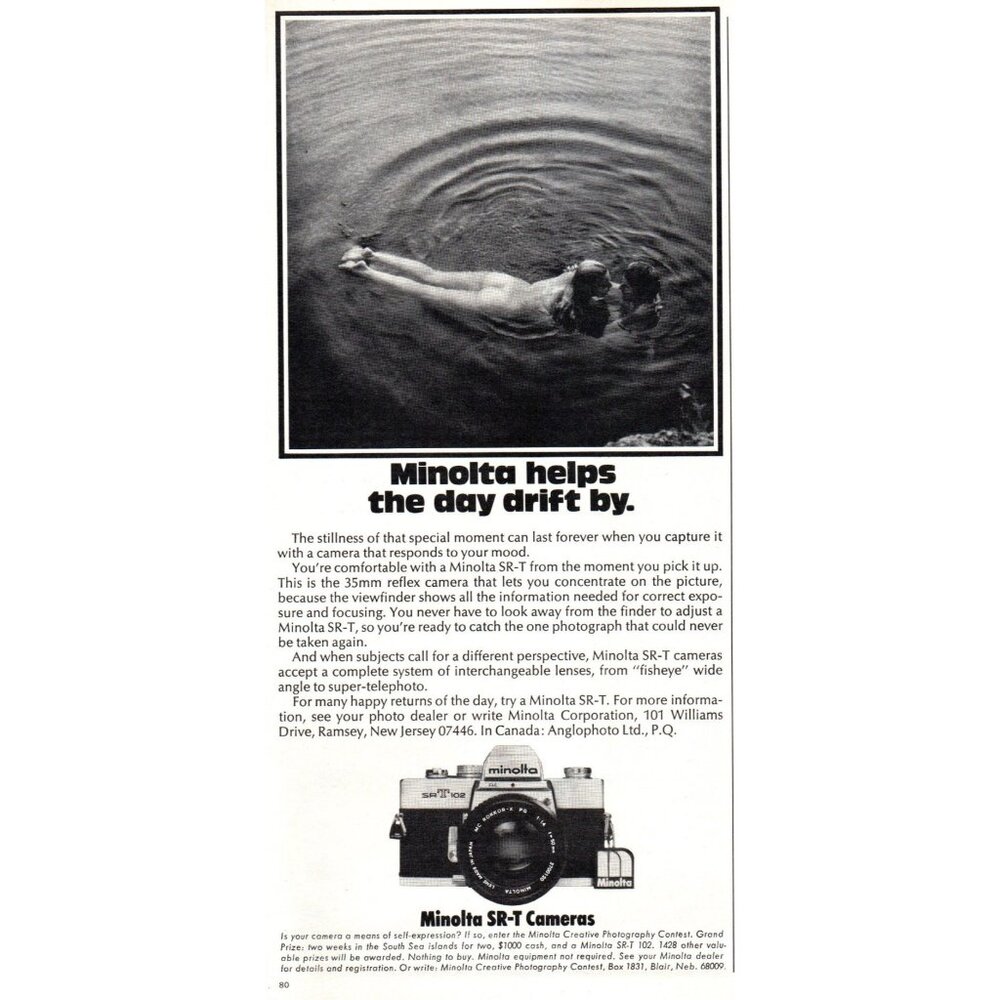 1974 Minolta SR-T SLR Film Cameras Vintage Print Ad Skinny Dipping Lake Wall Art